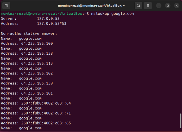 Output of nslookup command